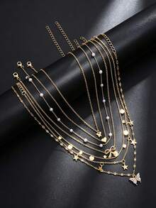 7pcs Set Minimalist Heart Butterfly Star Bow Rhinestone Pendant Necklace Set For Women, Date, Vacation, Gift, Daily Wear - Yellow Gold - View 3