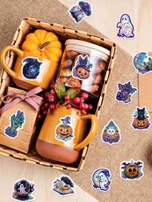50Pcs Halloween Holographic Cartoon Stickers Dark Style Pumpkin Black Cat Stickers For Laptop Water Bottle Fridge Journal Phone DIY Crafts Stickers - Multicolor - View 7