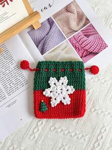 10/1pc Handmade Crochet Knitted Drawstring Storage Bag, Square Mini Soft Woven Pouch With Pom Pom Drawstring, 3D Santa Claus Snowflake Gingerbread Man Christmas Tree Applique Decor, Small Coin Purse, Christmas Holiday Party Decoration Gift Bag - Multicolor - View 15