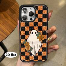 1 buah Casing Ponsel Minimalis Motif Hantu Putih Lucu dengan Latar Belakang Kotak-kotak Kontras Hitam & Oranye, Kompatibel dengan Seri Apple, Casing Ponsel Apple 16 Pro Max, 11/12/13/14 Plus/XR/7/8 Plus/15 Pro Max, dan Kompatibel dengan Seri [Versi Internasional, Bukan Versi Lokal] - Hitam - View 3