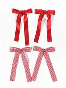 4pcs Women's Solid Satin Matching Striped Plaid Ribbon Bow Hair Clips, Minimalist Style Suitable For Daily Wear Hair Accessories For Women Girls - Multicolor - View 2
