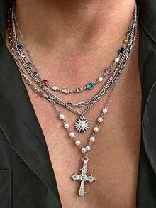 4pcs/Set Vintage Luxury Multicolor Crystal Cross Pendant Necklace, Men's Daily Wear Accessory, Great Holiday Gift - 4pcs - View 2