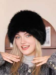 White Faux Fur Round Hat, Fluffy Plush Winter Headwear, Warm Outdoor Street Travel Accessory For Cold Weather - Multicolor - View 8