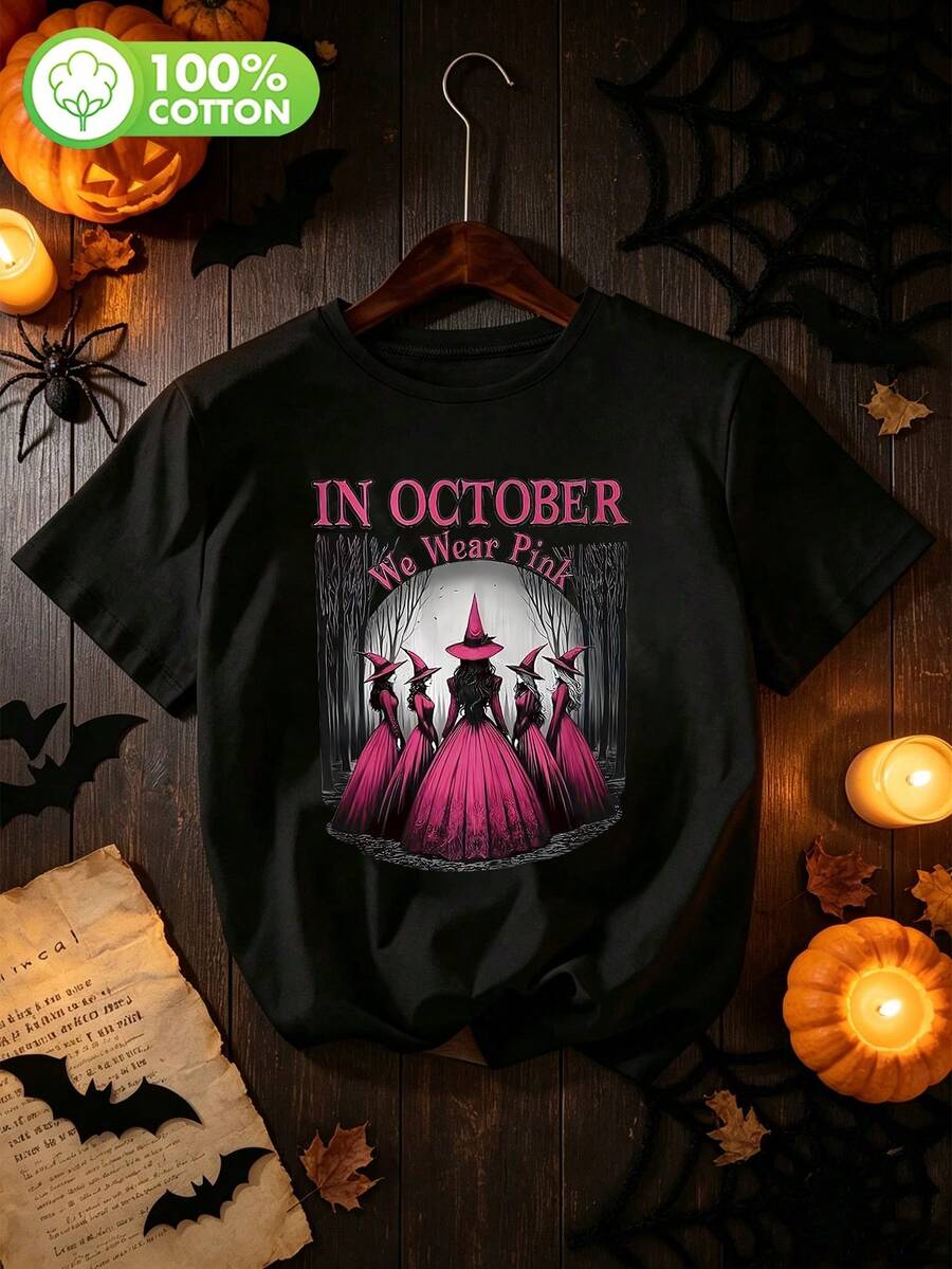 Plus Size Women's Gothic Witch T-Shirt, Printed With Witch Hat And Bat Pattern, Suitable For Halloween Costume, Crew Neck Casual T-Shirt Black Summer - Black - View 1