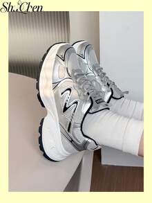 1 Pair Fashionable Retro Y2K Women's Thick Sole Casual Sports Shoes, Suitable For Commuting And Running, Thick Sole Sneakers - Black - View 4
