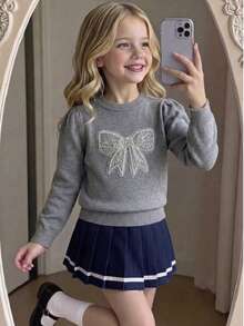 Girls' Cute Butterfly Pullover Sweater, Suitable For Daily Wear In Spring, Autumn And Winter - Grey - View 3