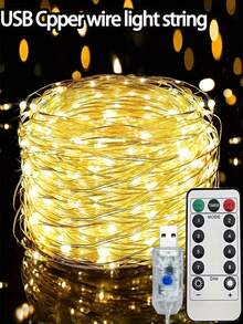 1pc 50/100/200/300LEDs Copper Wire Fairy Light Strings - USB Powered With Remote Control, 8 Lighting Modes, 7/12/22/32m Long, Perfect For Wedding, Party, Home, And Christmas Decorations - Yellow - View 2