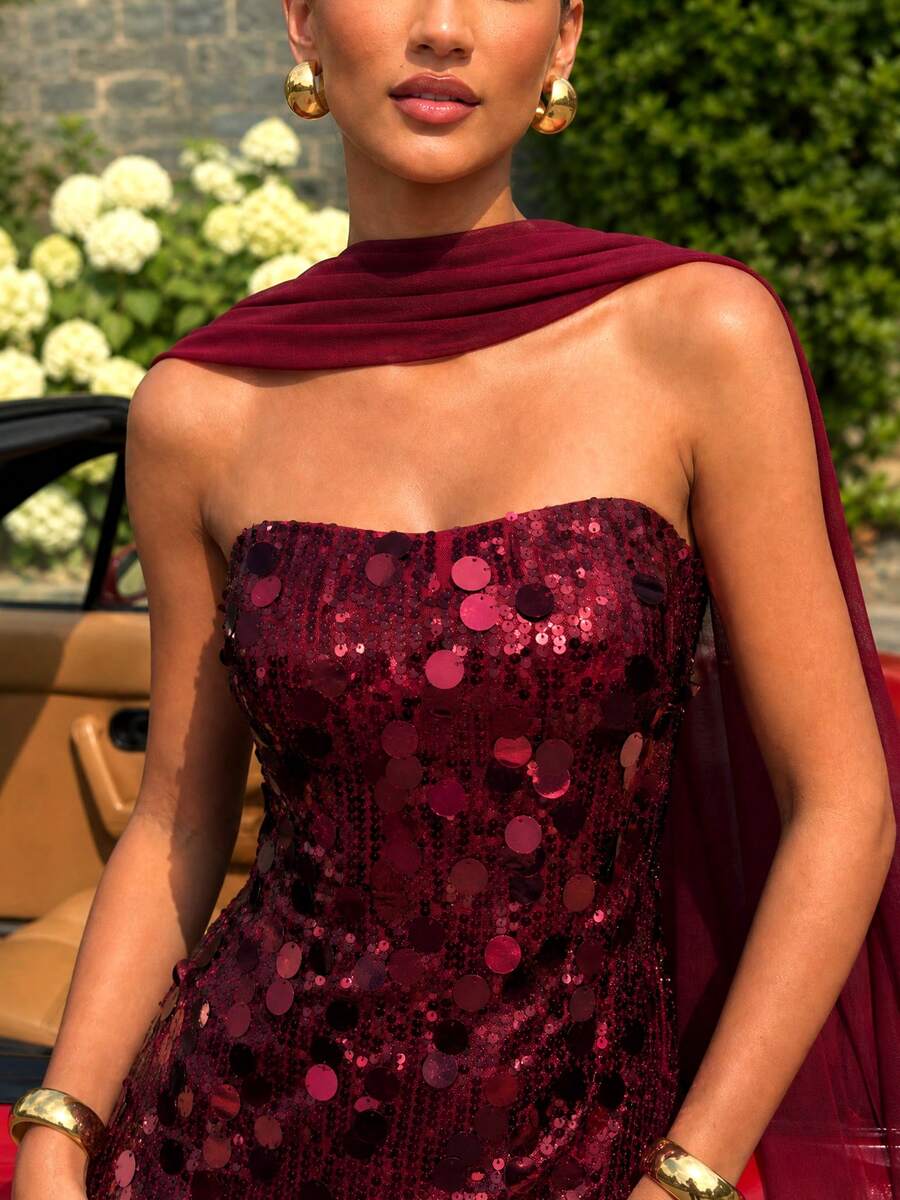 UNITHORSE [Random Crop] Elegant Women's Sleeveless Strapless Backless Sequin Evening Gown Dress - Burgundy - View 1