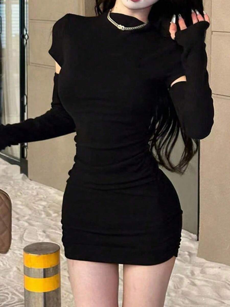 Sexy Slim Fit Knit Bodycon Dress For Women, Autumn/Winter Inner Layer, Detachable Sleeves - Black - View 1
