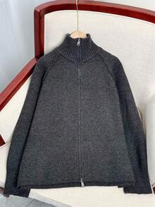 Wixra Korean Style Loose Knit Cardigan, Stand Collar Raglan Sleeve, Double Zipper Top, Solid Color Preppy Style - Dark Grey - View 2
