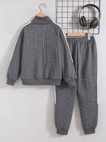 Tween Boys' Casual Fashion Zip-Up Half-Placket Stand Collar Long Sleeve Top And Straight Leg Pants 2 Pieces Set, Autumn/Winter - Grey - View 2