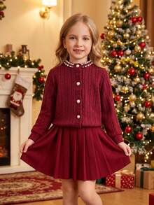 Girls' Spring/Autumn/Winter Christmas Red Sweater Set, Fashionable Beaded Decor Pearl Button Cardigan Sweater + Solid Color Pleated Skirt 2 Pieces Set - Red - View 4