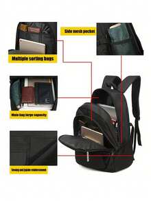 Waterproof Oxford Fabric, Logo, Multi-Pocket Design, Side Water Bottle Holder, Thickened Adjustable Shoulder Strap, Fashion Laptop Backpack, Unisex, Suitable For School And Travel - Black - View 5