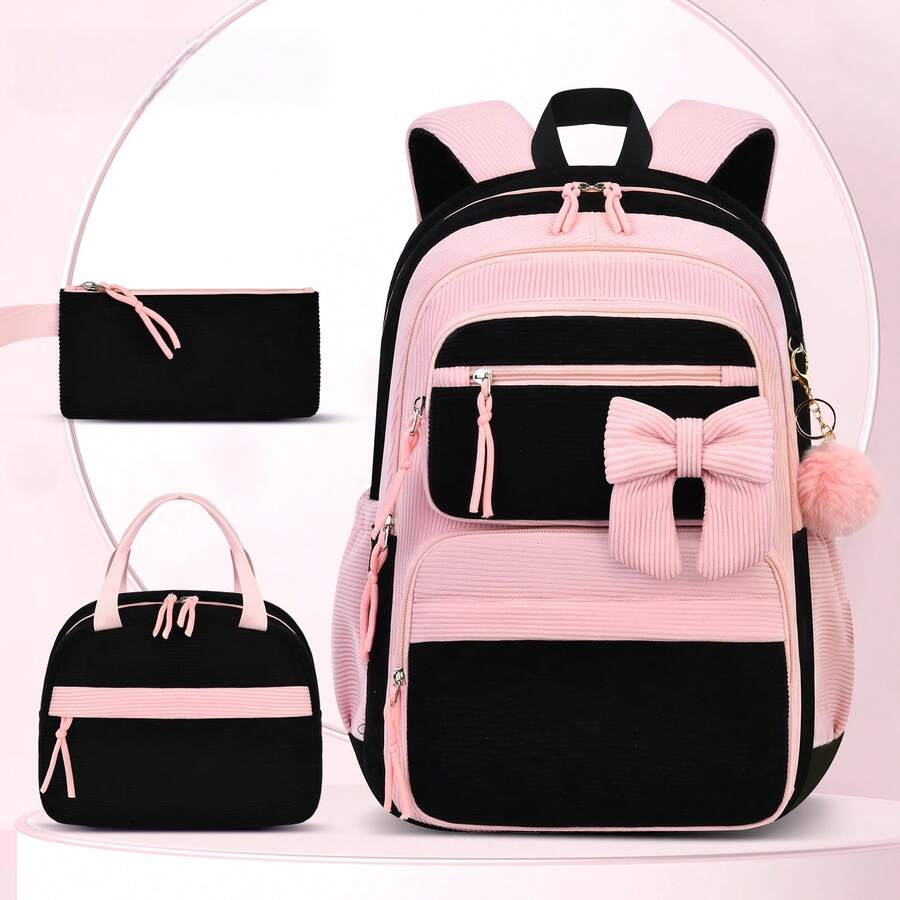 3pcs Fashion Backpack, Handbag, Clutch Bag Set, College Style Double Zipper Closure, Large Capacity Multiple Pockets, Bowknot Decoration, Back Luggage Strap, Suitable For Campus, Travel, Daily Commute School Supplies - Three-piece Set - View 1