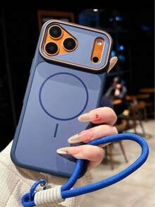 奢華啞光雙色高級磁吸手機殼，適用於 iPhone 17 Pro Max 17 Pro 17 16 Pro Max 16 Pro 16 15 Pro Max 15 Pro 15 14 Pro Max 14 Pro 14 13 Pro Max 13 Pro 13 12 Pro Max 11，情侶禮物，支援無線充電，防摔硬殼 - 藍色+短繩 - 查看 2