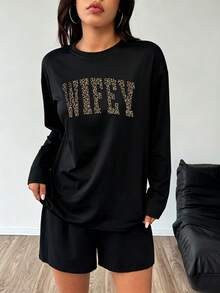 Women's WIFEY Leopard Print Letter Long Sleeve T-Shirt, Autumn/Winter Daily Home Base Layer, Loose And Comfortable Fit, Casual Wear, Suitable For Sleeping And Going Out - Black - View 2