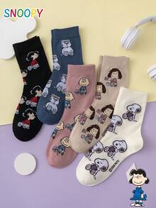 5 đôi tất nữ cổ trung bình SNOOPY Series chính hãng, họa tiết kẻ sọc Charlie Brown Puppy, hoạt hình vui nhộn cá tính - Nhiều màu - Xem 4