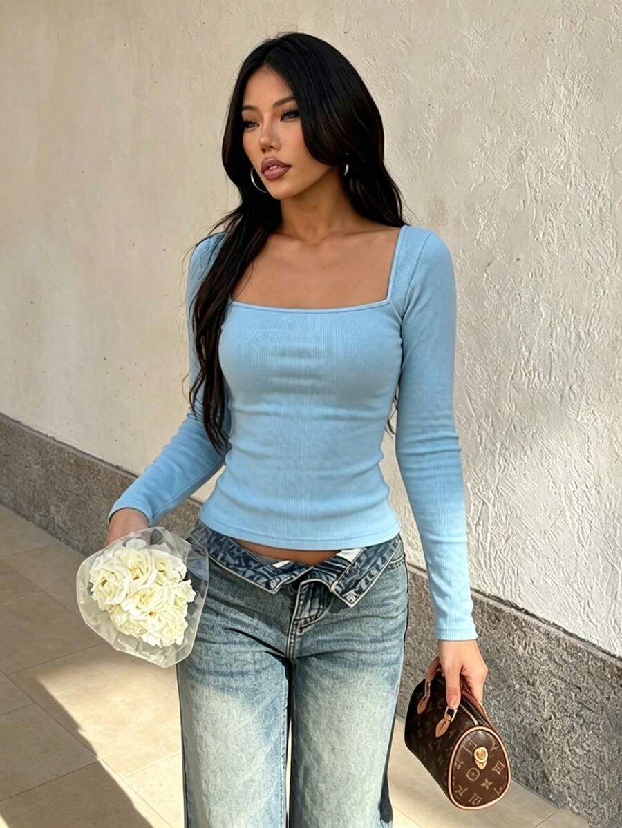 Women's Autumn Set, Sexy Waist-Cinched Minimalist Top, Suitable For Daily Life, Dating, Campus, Office, Commuting, Vacation - Blue - View 1