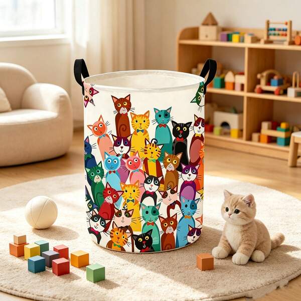 1pc Cute Cartoon Dinosaur Print Laundry Basket Portable Storage Bin With Handle Clothes Miscellaneous Items Organizer Rainbow Dinosaur Pattern Foldable Bedroom Nursery Playroom Decor
