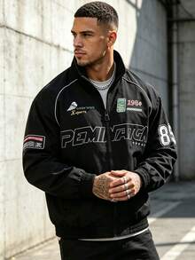 Jaket Pria Musim Semi/Gugur dengan Motif Huruf Balap, Kerah Tegak, Manset Elastis, Jaket Motor Gaya Hip-Hop Street - Hitam - View 3