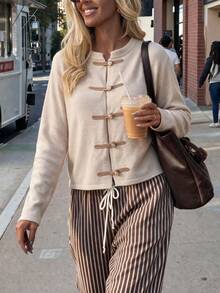 SEREN Women's New Chinese-Style Knit Cardigan, Napoleon Style, Autumn/Winter Sweater Jacket, Suitable For Daily Wear - Apricot - View 6