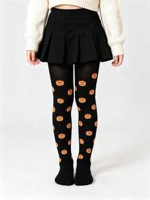 Halloween Pumpkin Print Cartoon Pattern Kids Tights, Cosplay Witch Accessory - Black - View 3