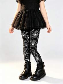 Halloween Kids Spider Web Print Cartoon Pattern Tights, Witch Cosplay Costume Accessory - Black - View 6