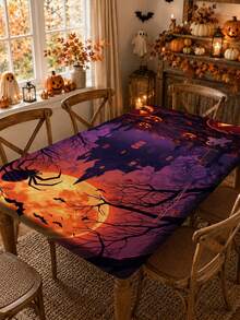 1pc Halloween Elastic Rectangular Tablecloth, Full Moon Haunted House Pumpkin Ghost Print, Outdoor Yard Party, Halloween Popular Decoration, Holiday Banquet Table Protector - C - View 1