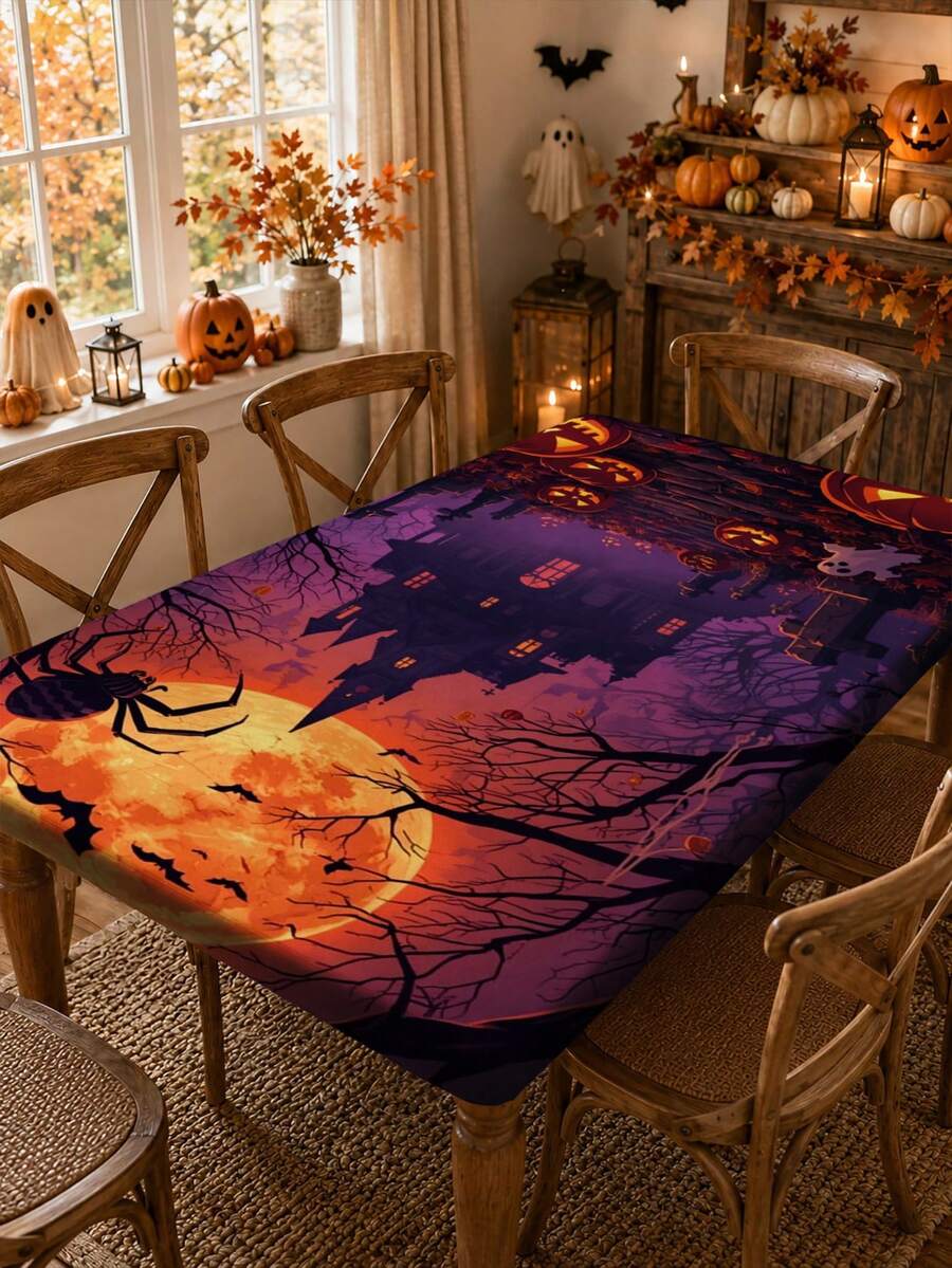 1pc Halloween Elastic Rectangular Tablecloth, Full Moon Haunted House Pumpkin Ghost Print, Outdoor Yard Party, Halloween Popular Decoration, Holiday Banquet Table Protector - C - View 1