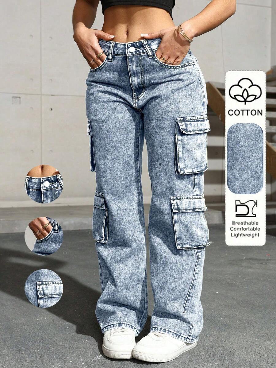 Flap Pocket Side Cargo Denim Jeans Simple Fashionable Daily Casual Spring Fall - Light Wash - View 1