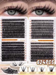 MEM 624 Clusters Of Natural D-Curl False Eyelashes Featuring A Mix Of Lengths (30D, 40D, 60D, And 80D) And Ranging From 10mm To 16mm; Versatile And Suitable For Various Makeup Styles, These Are An Ideal Beauty Tool That Is Easy For Beginners To Use. - Black - View 2