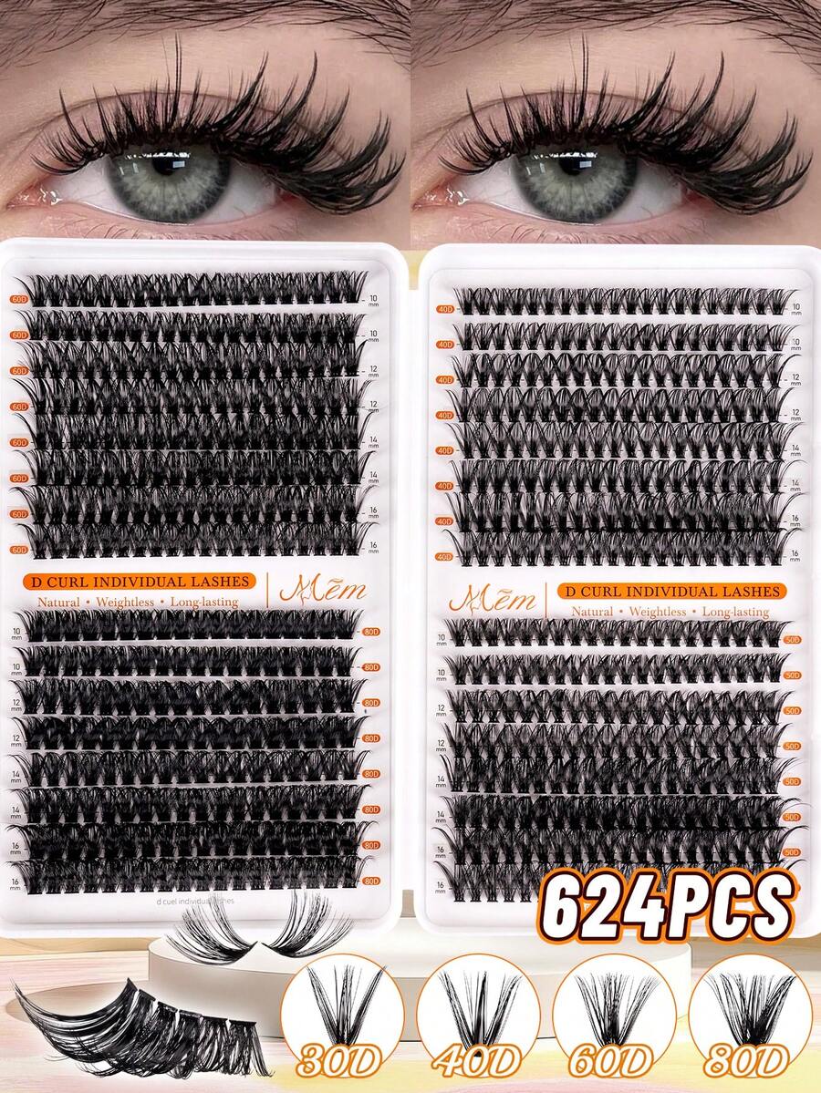 MEM 624 Clusters Of Natural D-Curl False Eyelashes Featuring A Mix Of Lengths (30D, 40D, 60D, And 80D) And Ranging From 10mm To 16mm; Versatile And Suitable For Various Makeup Styles, These Are An Ideal Beauty Tool That Is Easy For Beginners To Use.