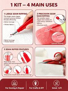 6pcs Red & Black Sewing Repair Tool Set, Portable Sewing Accessories Kit, Includes Multi-Size Seam Rippers, Retractable Measuring Tape, Sharp Thread Scissors, Suitable For Clothing Repair, Quilting, Embroidery And DIY Craft Projects - 6-piece Red and Black Set - View 3