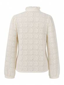 Women's Semi-Sheer Lace Stand Collar Ruffle Puff Long Sleeve Blouse, Bohemian, Napoleon Style Button-Up Casual Top - Beige - View 7