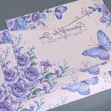 8 Pcs/Set (4 Envelopes + 4 Letter Papers) Purple Butterfly Rose Envelope Letter Paper Set, Aesthetic Floral Writing Stationery Scrapbook Paper, Decorative Invitation Kit For Birthday Wedding Holiday Party Supplies - Purple Butterfly - View 8