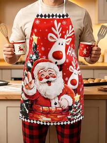 1pc Festive Christmas Apron - Cute Santa Claus&Reindeer Design, Polyester Holiday Decorative Apron, Suitable For Home Kitchen Baking, And Restaurant Servers, Christmas Kitchen Decor, Cooking Accessories, Christmas Decorations - Multicolor - View 7