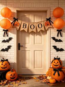 1set Of Halloween Linen Decorative Banners Featuring "BOO" And Pumpkin Designs-Perfect For Halloween Decor, Party Setups, Festive Displays, And Creating A Holiday Atmosphere. Ideal For Halloween Decorations, Home Styling, And Themed Parties. - Multicolor - View 8