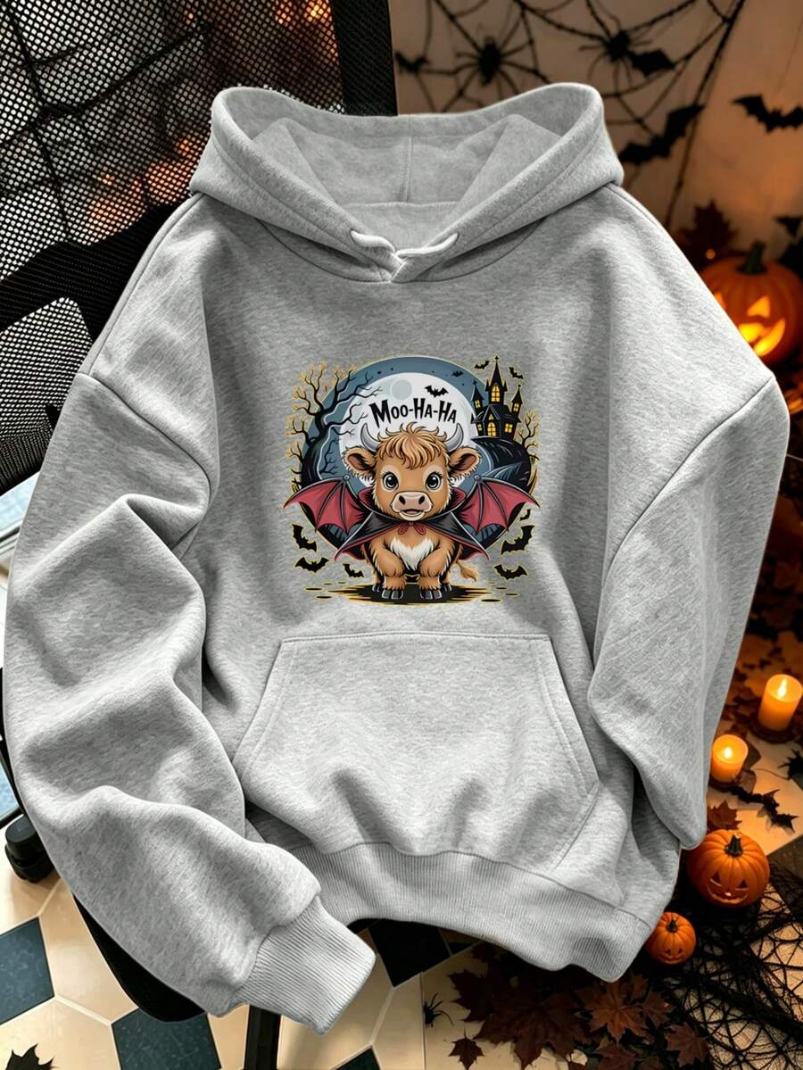 Halloween Plus Size Women's Highland Bull And Bat Print Hoodie With Drawstring And Pockets, Perfect For Casual Holiday Wear In Autumn And Winter. - Grey - View 1