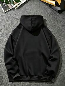 AnChiStreetwear--大尺碼男士秋冬極簡山脈印花口袋抽繩連帽衛衣，長袖上衣 - 黑色 - 查看 3