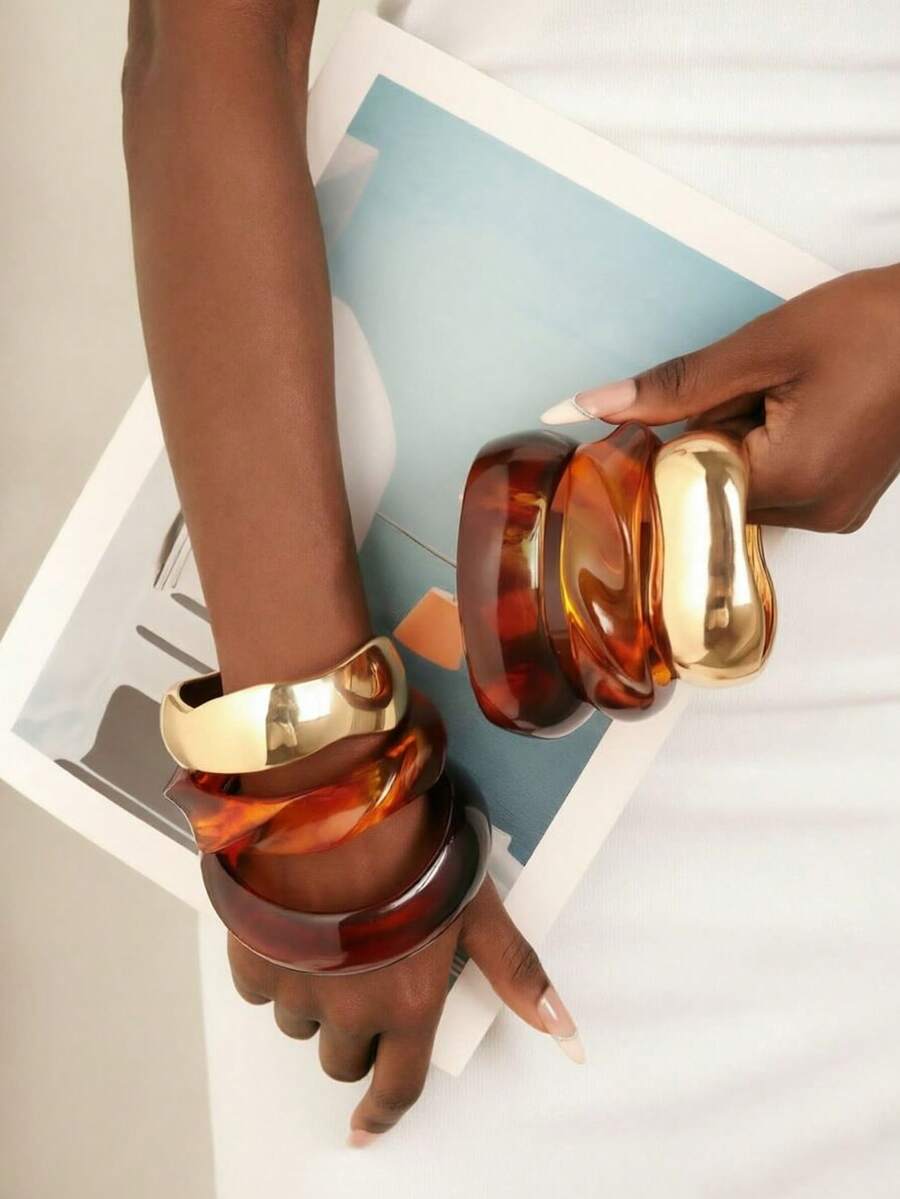 3pcs Set Elegant Minimalist Style Multi-Color Asymmetrical Resin Bracelet Set, Suitable For Personalized Outfit - Multicolor 2 - View 1