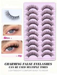 10 Pairs 15mm Cross Style False Eyelashes, 3D Fluffy Lightweight Reusable Lashes, Outer Corner Lengthening Natural Look, Suitable For Halloween, Christmas & Daily Makeup - View 2