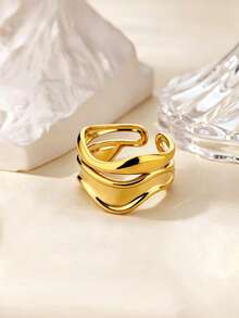 Irregular Geometric Layered Rings For Women Stainless Steel Wave Ring Waterproof Non-Fade Fashion Jewelry Gifts For Christmas,New Year,Daily Wearing - Multicolor - View 1