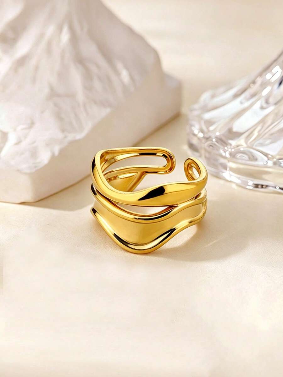 Irregular Geometric Layered Rings For Women Stainless Steel Wave Ring Waterproof Non-Fade Fashion Jewelry Gifts For Christmas,New Year,Daily Wearing - Multicolor - View 1
