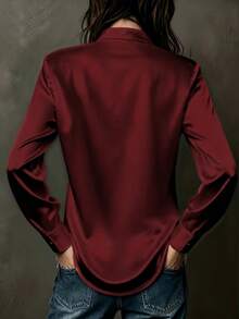Women's Solid Color Satin Shirt, Lapel Collar Long Sleeve Front Button-Up Blouse, Suitable For Business, Office, Commute, Home, Vacation, Spring, Autumn, Winter - Red - View 2