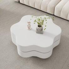 N625P300082083W) طاولة قهوة على شكل زهرة، سطح علوي دوار 360°، طاولة غرفة معيشة دوارة، طاولة أريكة الطبقة، 2 سطح تخزين، سعة حمولة إجمالية موصى بها 30 كجم، MDF، أبيض كريمي - أبيض - مشاهدة 6