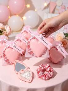 8/4/1 Set - Gender Reveal Party Favors, Pink Heart-Shaped Portable Folding Mirror Comb With Organza Bag And Thank You Card Gift Set - DIY Fillable Gift Bag, Cute Pink Heart Folding Mirror Comb, Scalp Massage Gift Packaging Bag Thank You Gift - Suitable As Baby Shower Party Favors, Baby Shower Gifts, Gender Reveal Party Theme, Children's Birthday Gifts, Guest Favors, Ideal Choice For Party Supplies And Decorations - Multicolor - View 5