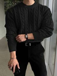 Men's Cable Knit Sweater, Soft Textured Crew Neck Pullover, Business Casual Long Sleeve Top, Suitable For Office, Work, Dates And Autumn/Winter Daily Wear - Black - View 4