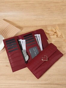 Fashionable Women's Stone Patterned Multifunctional Long Wallet, Metal Heart Decoration Three Fold Buckle Wallet, Very Suitable For Outdoor And Travel - Redwood - View 6