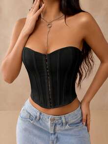 Apperloth A Black Hollow Front Open Backless Corset Bustier, Steel Bone Support, Nightclub Style Short Tube Top, Punk Music Festival Halloween Style - Black - View 4