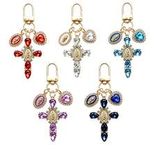 1Pc Fashion Gold‑Plated Multicolor Rhinestone Cross Bag Charm, Clear Crystal Virgin Mary Medal Heart Dangle Key Ring, Vintage Religious Catholic Pendant, Lobster Clasp Handbag Hanging Decoration, Meaningful Prayer Gift For Women Girls - Multicolor - View 10